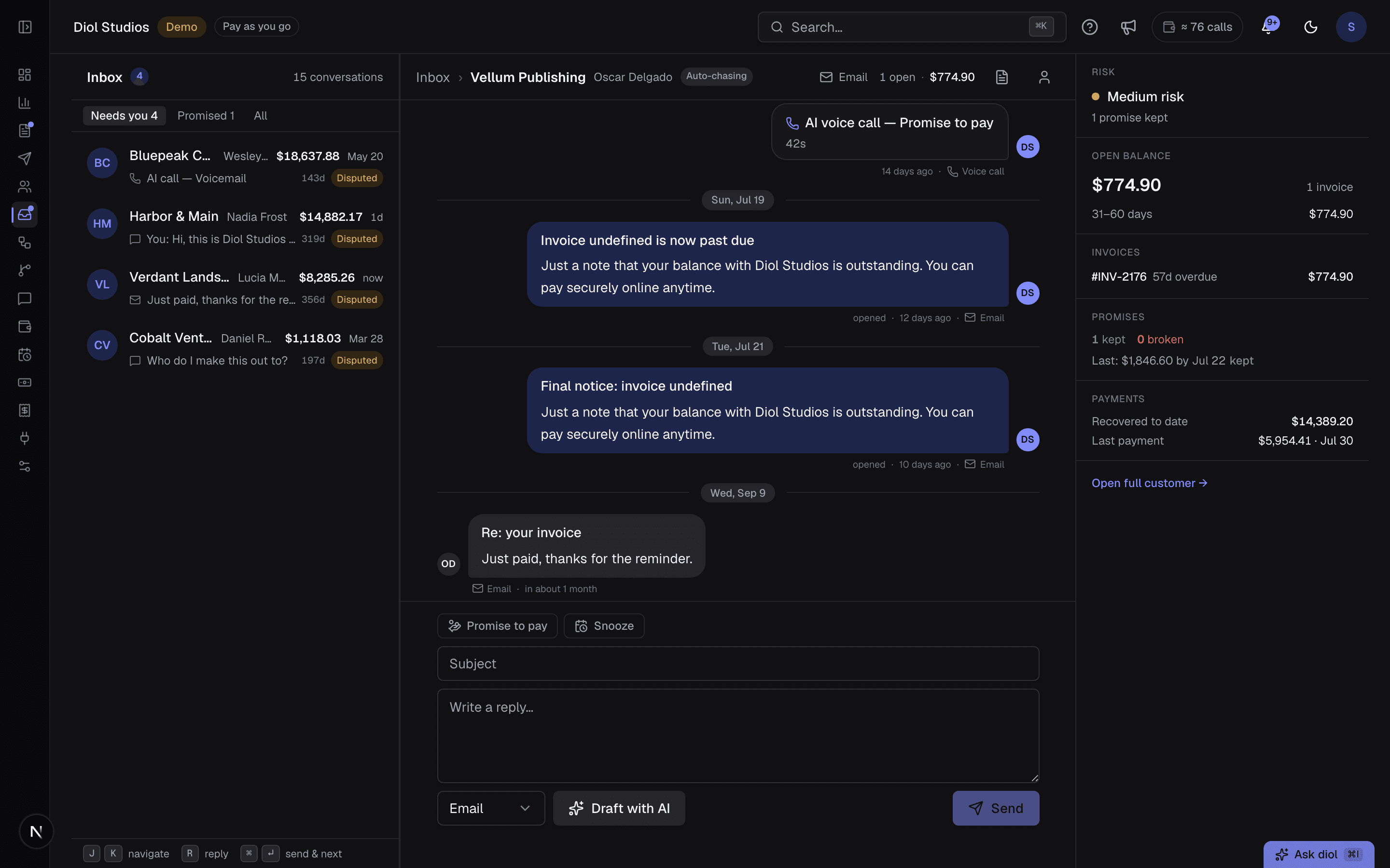 The diol inbox: a list of customer conversations with settled status chips, an open email thread where a customer promises to pay, and a Draft with AI reply box