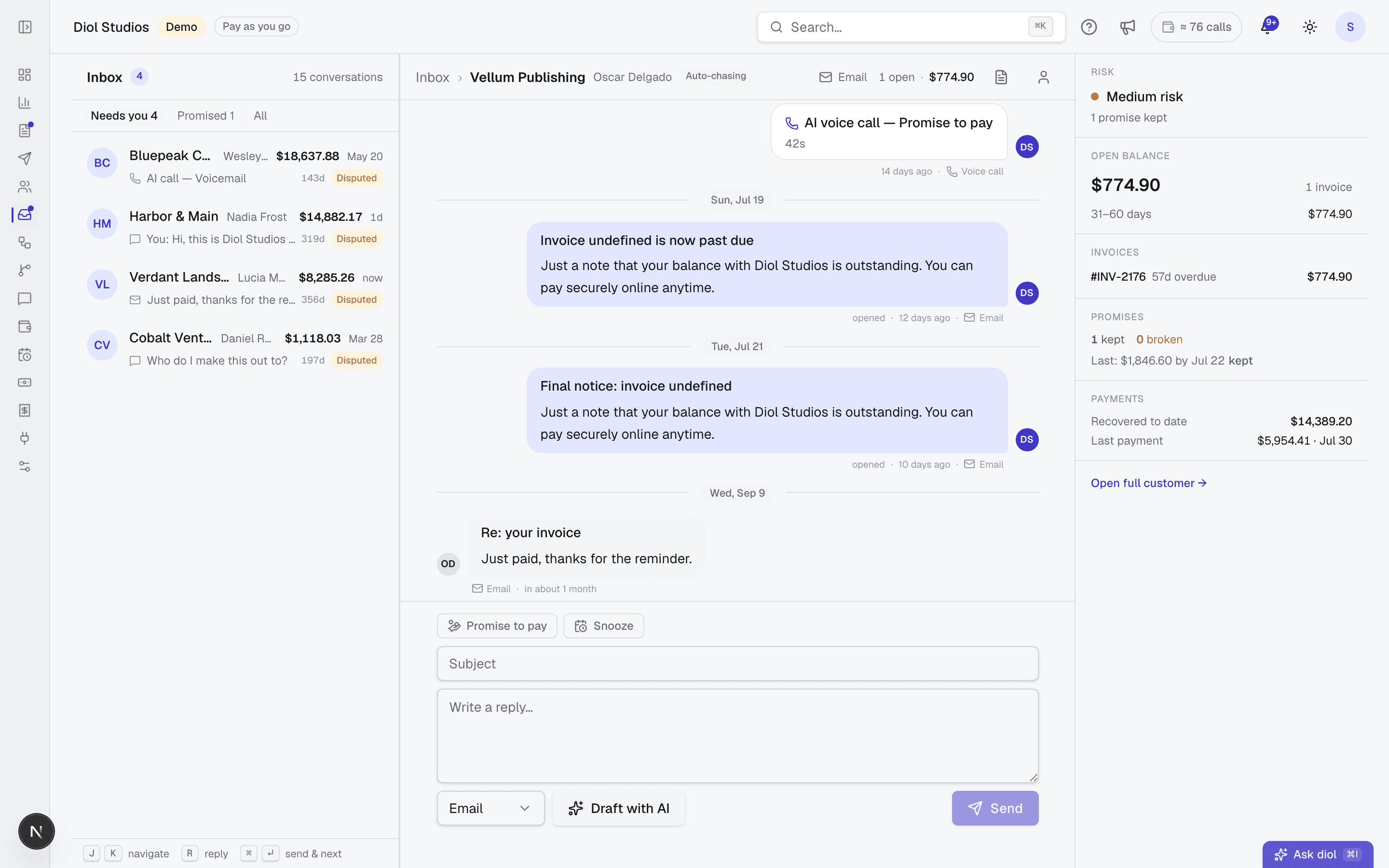 The diol inbox: a list of customer conversations with settled status chips, an open email thread where a customer promises to pay, and a Draft with AI reply box