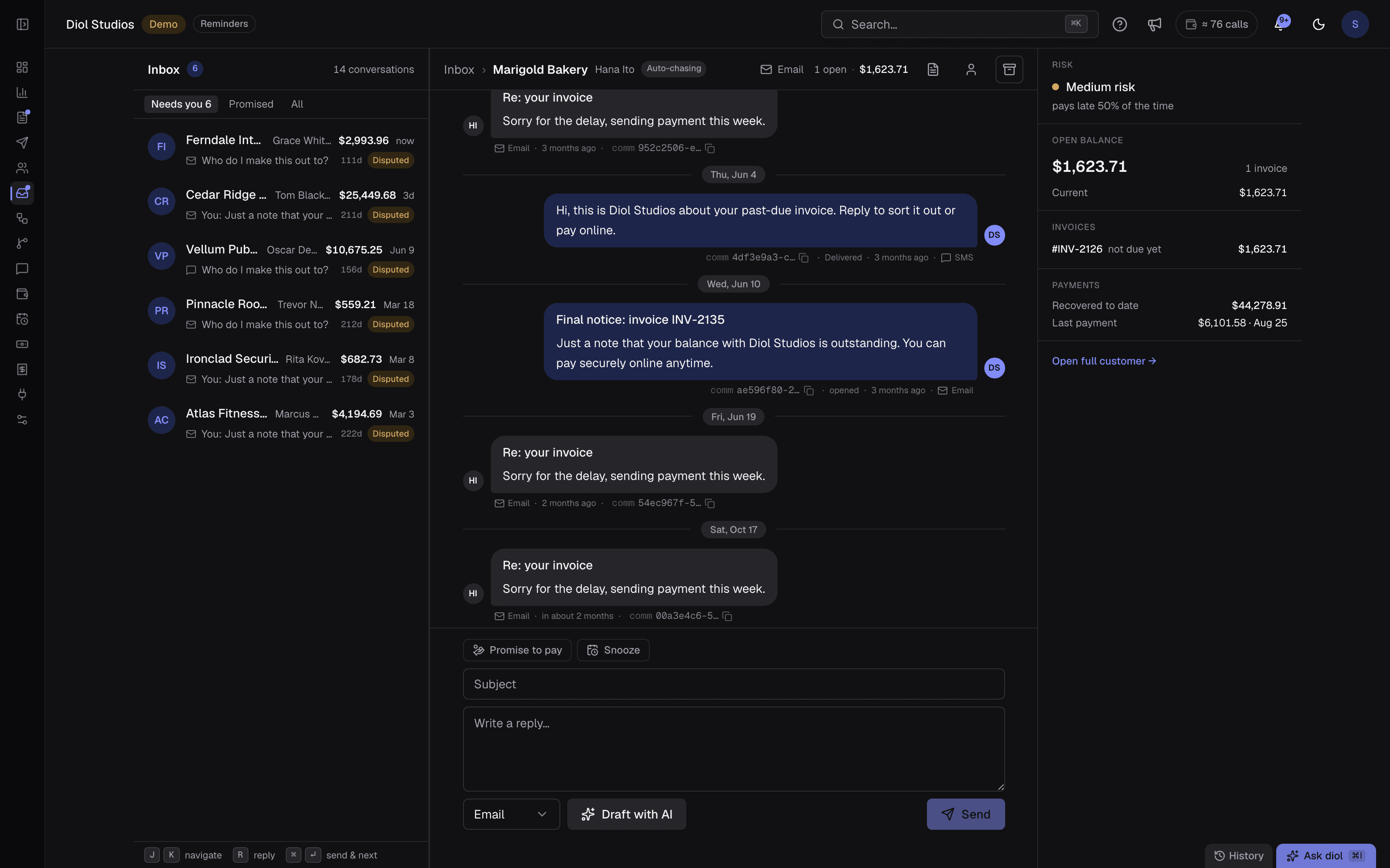 The diol inbox: customer conversations with status chips, an open thread where a customer promises to pay, and a drafted AI reply ready to send